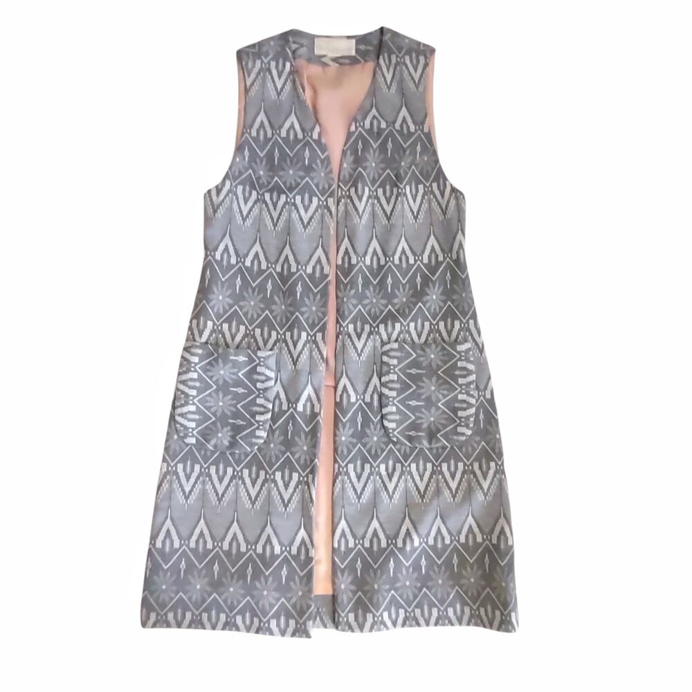 FRED ROTHSCHILD Vintage Vest Loose Coat Grey Flower Geometric Sleeveless Vest